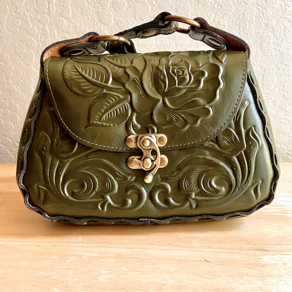 Patricia Nash Michaela Tooled Leather Baguette Bag in Soft Olive Green